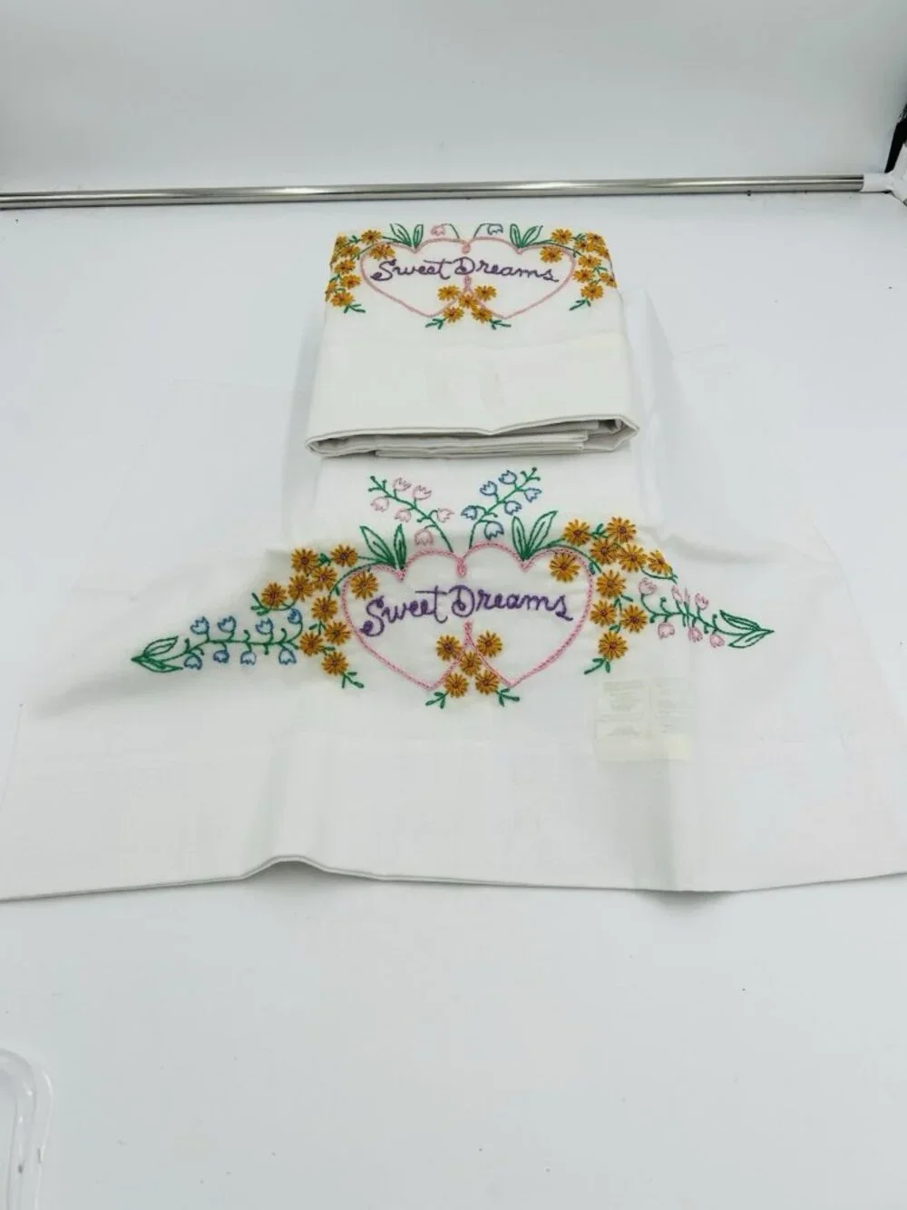 Vintage Hand Embroidered Pillowcases Pair Standard White Floral SWEET DREAMS